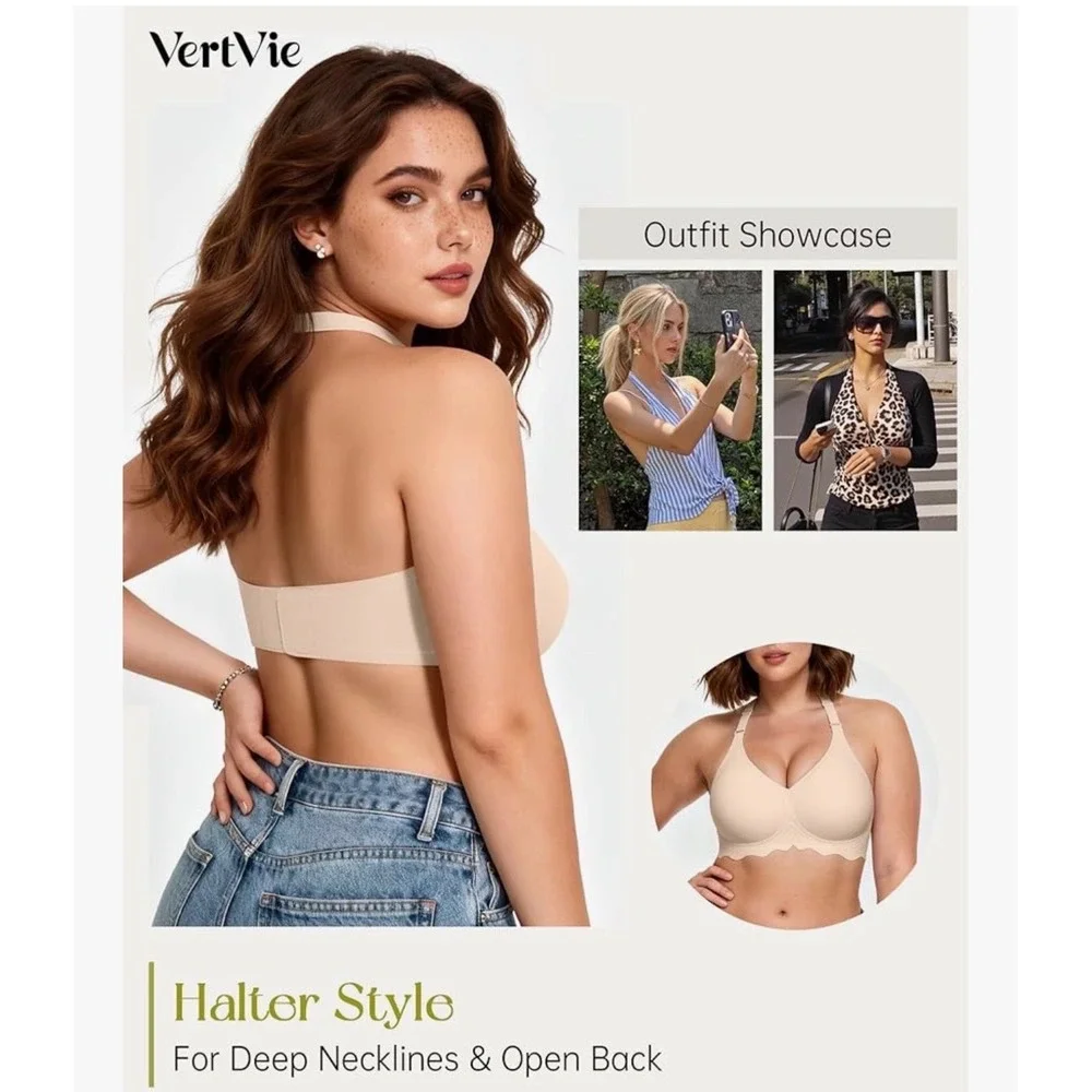 VertVie Wireless‎ Support Bra Beige Convertible Straps Seamless Scalloped Large